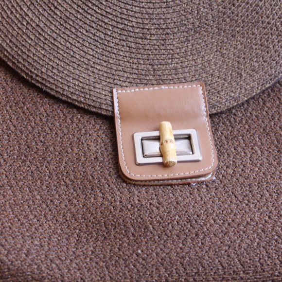 Brown Paper Straw w/ beige Wood Trim and leather , Satchel Shoulder Bag - Picture 5 of 7